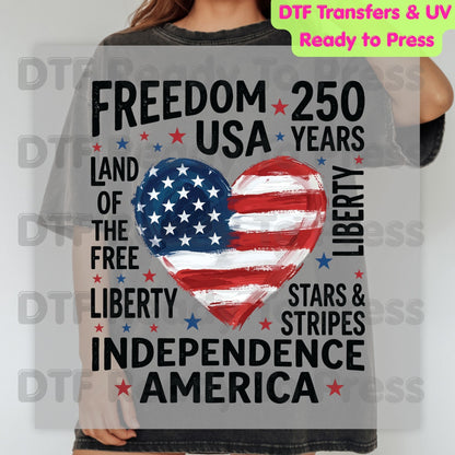 USA 250 Years DTF Transfer Ready to Press Freedom Heart Retro Patriotic American Flag Heat Transfer For Shirts Independence Day UV Sticker Prints