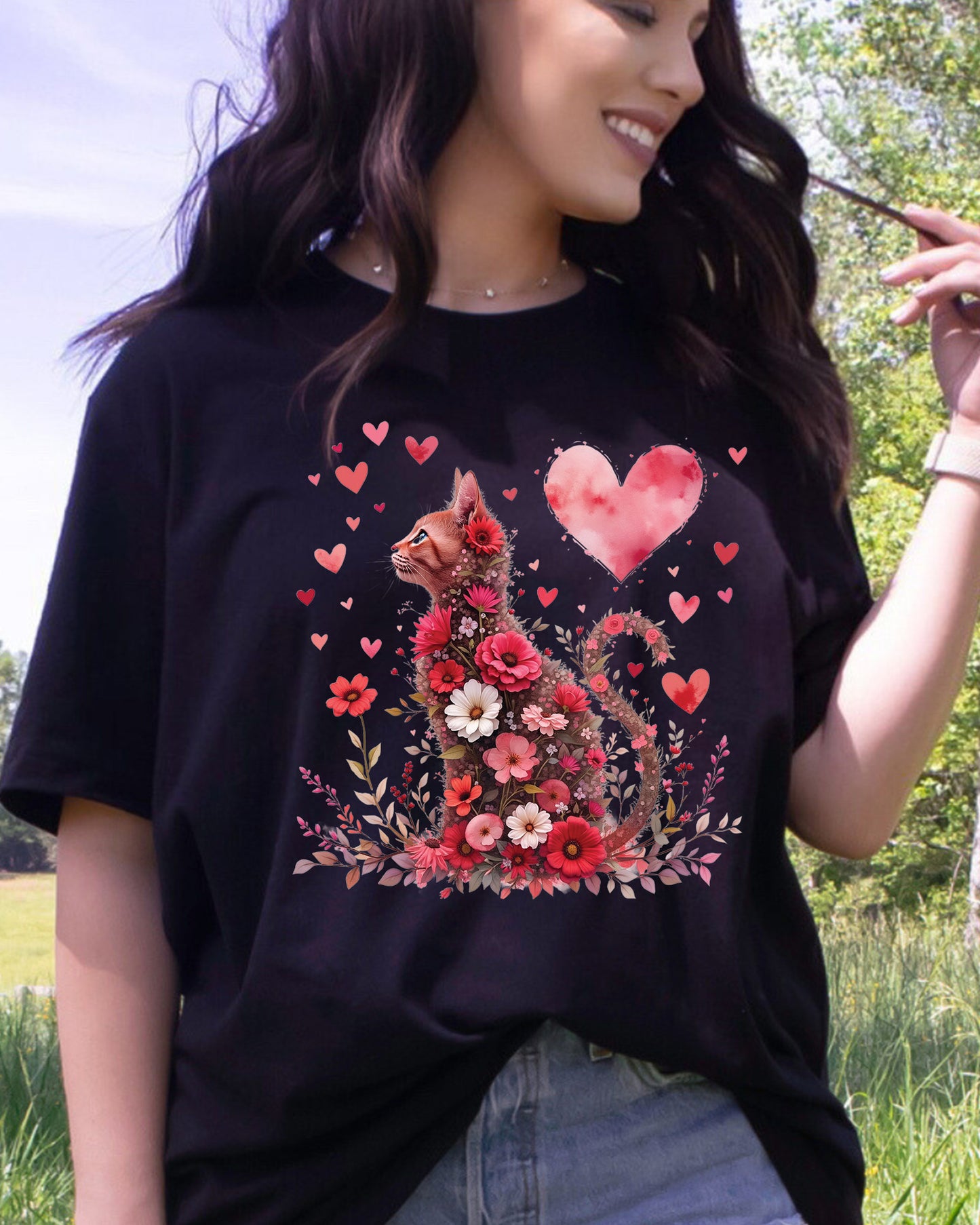 Valentine Floral Cat DTF Transfer Ready to Press