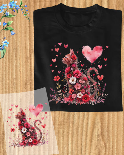Valentine Floral Cat DTF Transfer Ready to Press