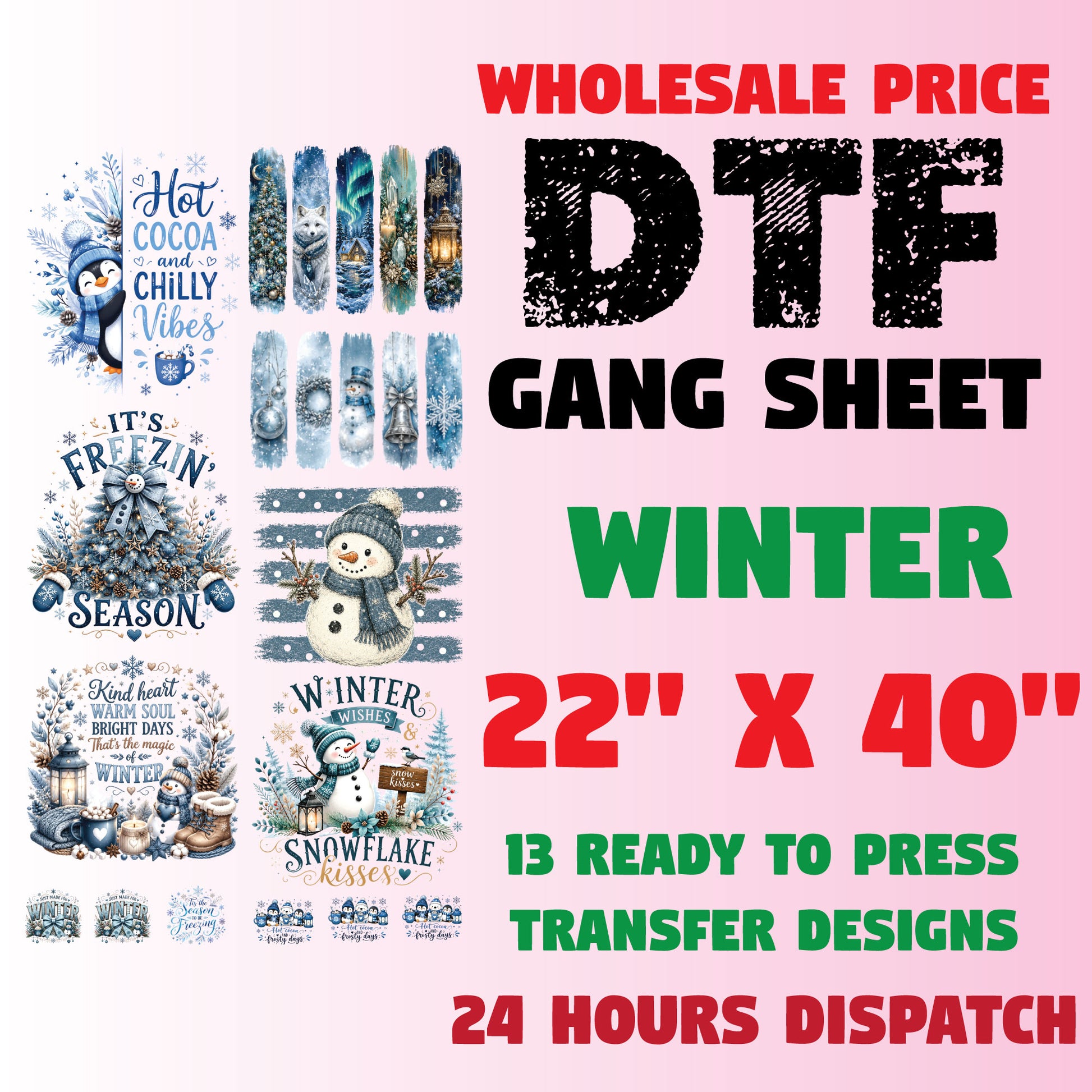 Winter DTF Transfer Ready to Press Premade DTF Gang Sheet Snowman Hot Cocoa Chilly Vibes Freezin Season Holiday Heat Transfer Shirts