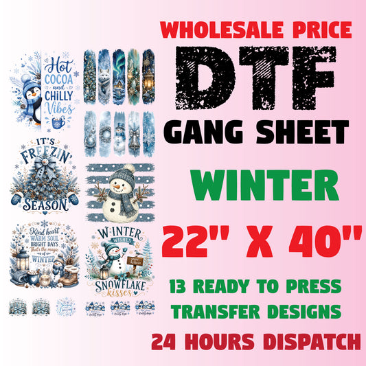 Winter DTF Transfer Ready to Press Premade DTF Gang Sheet Snowman Hot Cocoa Chilly Vibes Freezin Season Holiday Heat Transfer Shirts