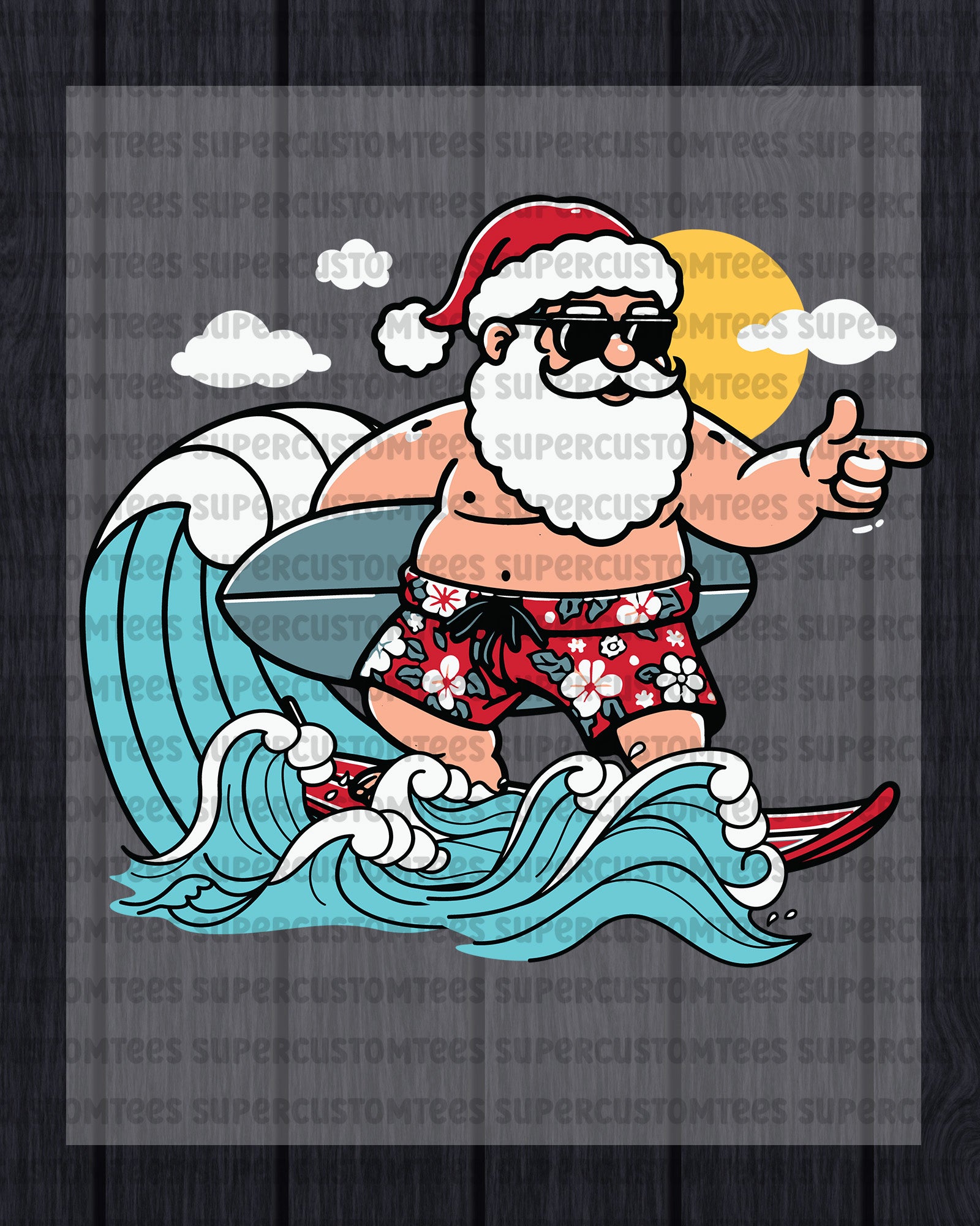 Xmas in July Santa Claus Surfing DTF Transfer