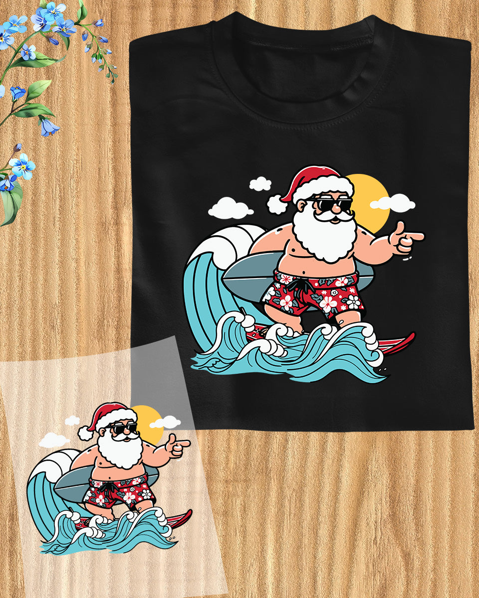 Xmas in July Santa Claus Surfing DTF Transfer