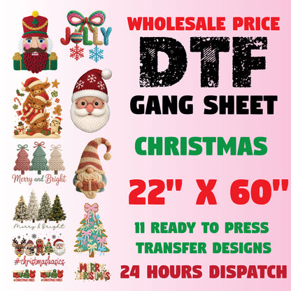 Yarn Christmas Gang Sheet DTF Transfer Ready to Press, Faux Yarn Holiday X-mas Premade Gang Sheet, Crochet Christmas Iron on Transfer